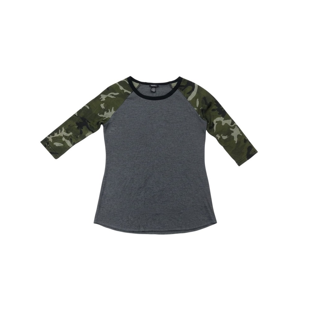 rue21 Raglan Top Womens Small Gray Camo 3/4 Sleeve Baseball Tee